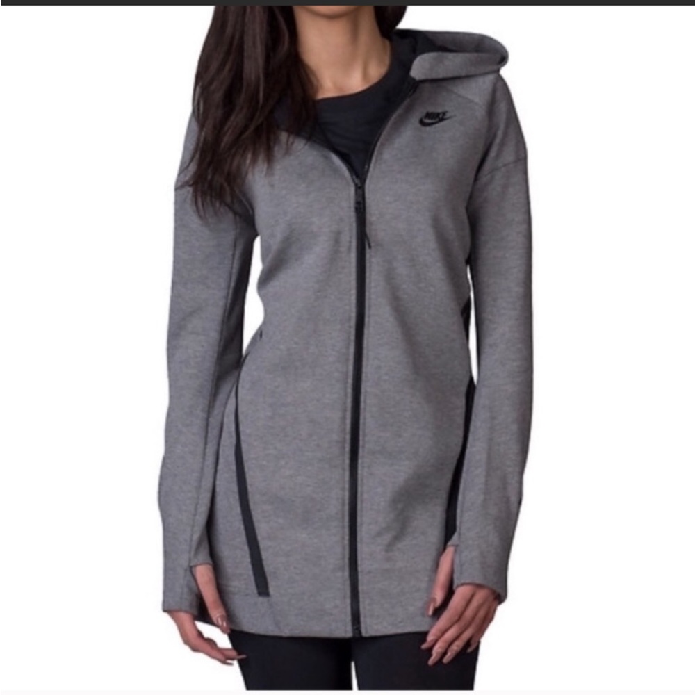 Nike Tech Grey Fleece Mesh Cocoon Long Hooded Zip Up Jacket, M
